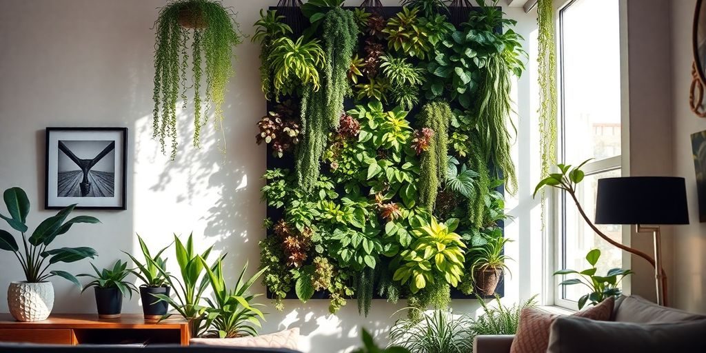 Gradina verticala plina de plante intr-un living modern.