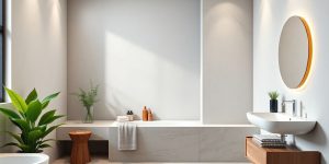 Baie modernă cu design minimalist și plante verzi.