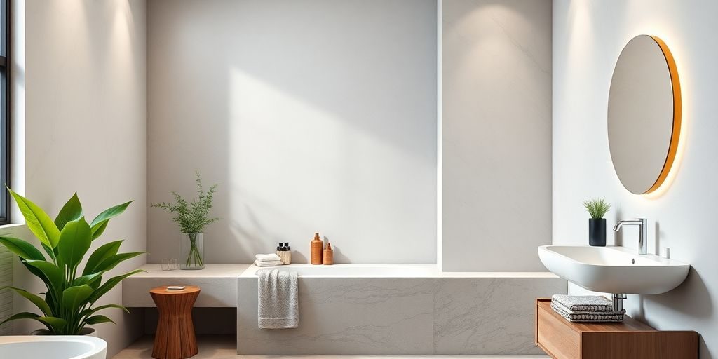 Cele mai noi tendințe în design bai pentru 2025 1 Baie modernă cu design minimalist și plante verzi.