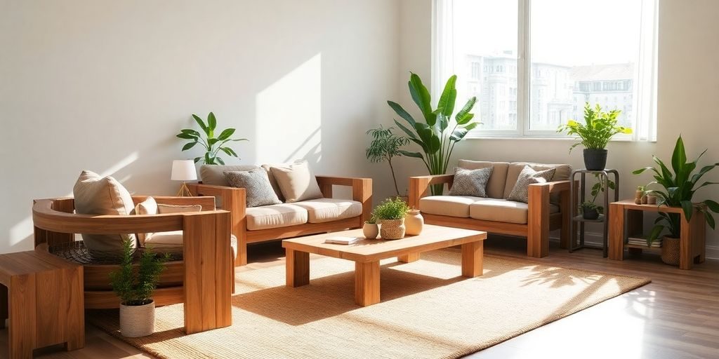 Camera luminoasă cu mobilier reciclabil modern, plante verzi.