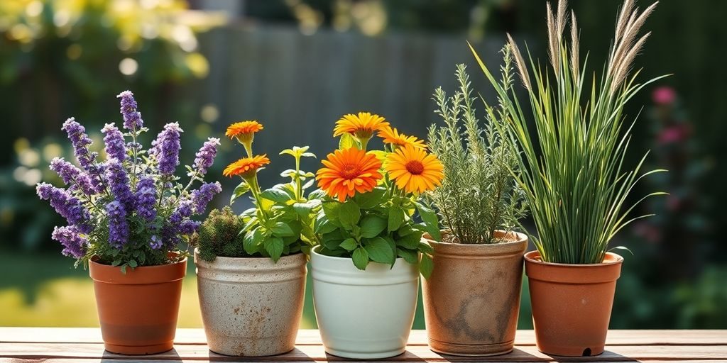 Ghivece verzi cu lavandă, gălbenele, busuioc, rozmarin și iarbă citronella