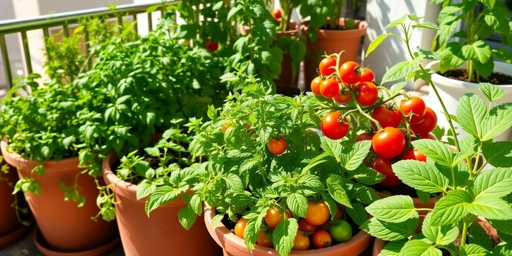 Grădină comestibilă pe terasă cu legume proaspete.
