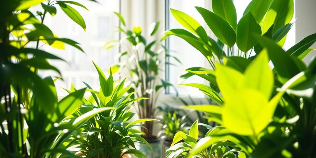 Plante de apartament verzi vibrante în lumina soarelui.