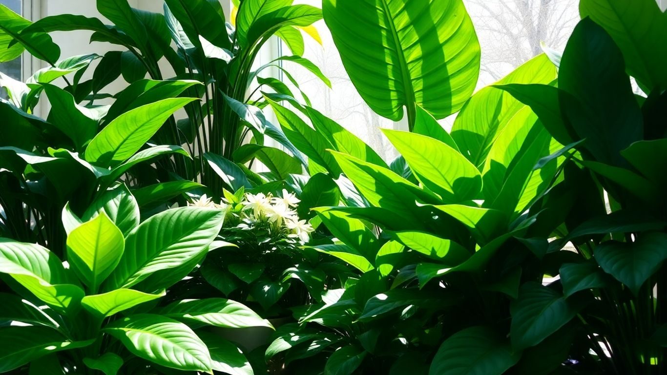 Plante de apartament verzi, luxuriante, cu frunze lucioase.