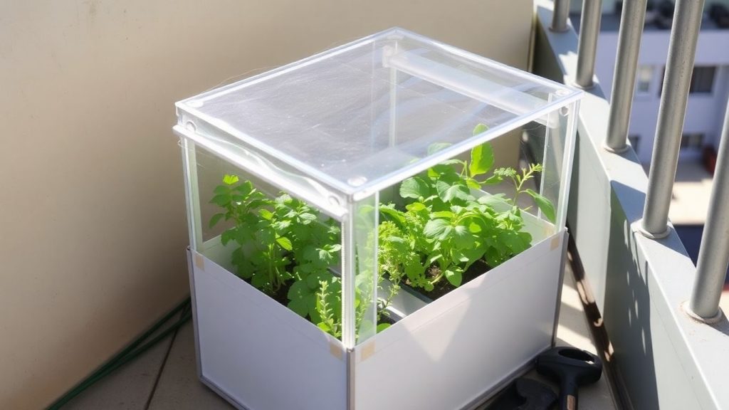 Mini-seră DIY pe balcon, plină cu plante verzi.