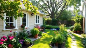 Casă mică cu grădină verde și flori colorate