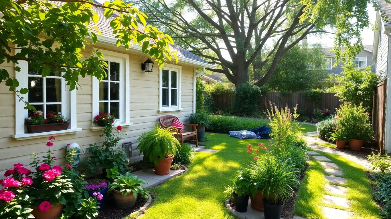Casă mică cu grădină verde și flori colorate