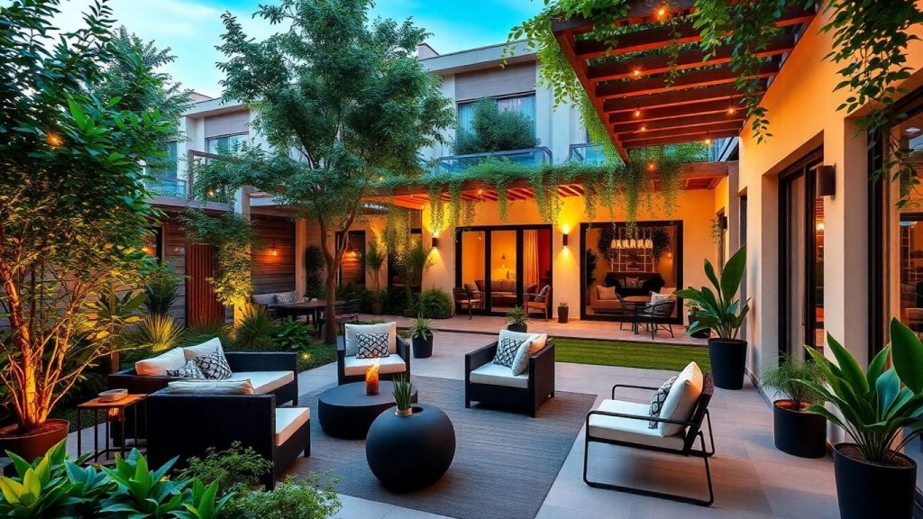 Amenajare curte românească modernă cu verdeață și mobilier